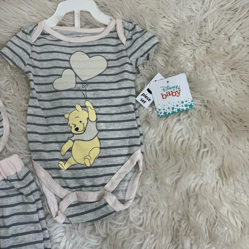 Disney Winnie the Pooh Girls’ Bodysuit, Jogger and Bib Set for Newborn – Grey